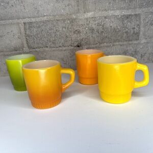 4 Vintage Fire-King Milk Glass Mugs Set – Yellow Orange Green Stackable Cups